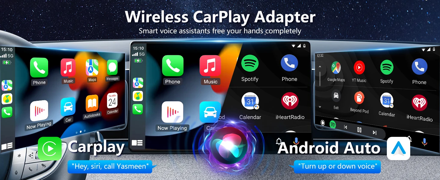 El texto dice «Adaptador inalámbrico CarPlay». Varias capturas de pantalla de teléfonos inteligentes que muestran la interfaz de CarPlay con varias aplicaciones y pantallas de navegación. El texto dice «Android Auto» y «Earplay».
