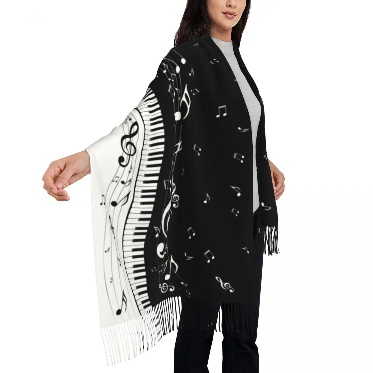 Custom Piano Keyboard Musical Notes Tassel Scarf Women Soft Shawl Wrap Female Winter Scarves 4