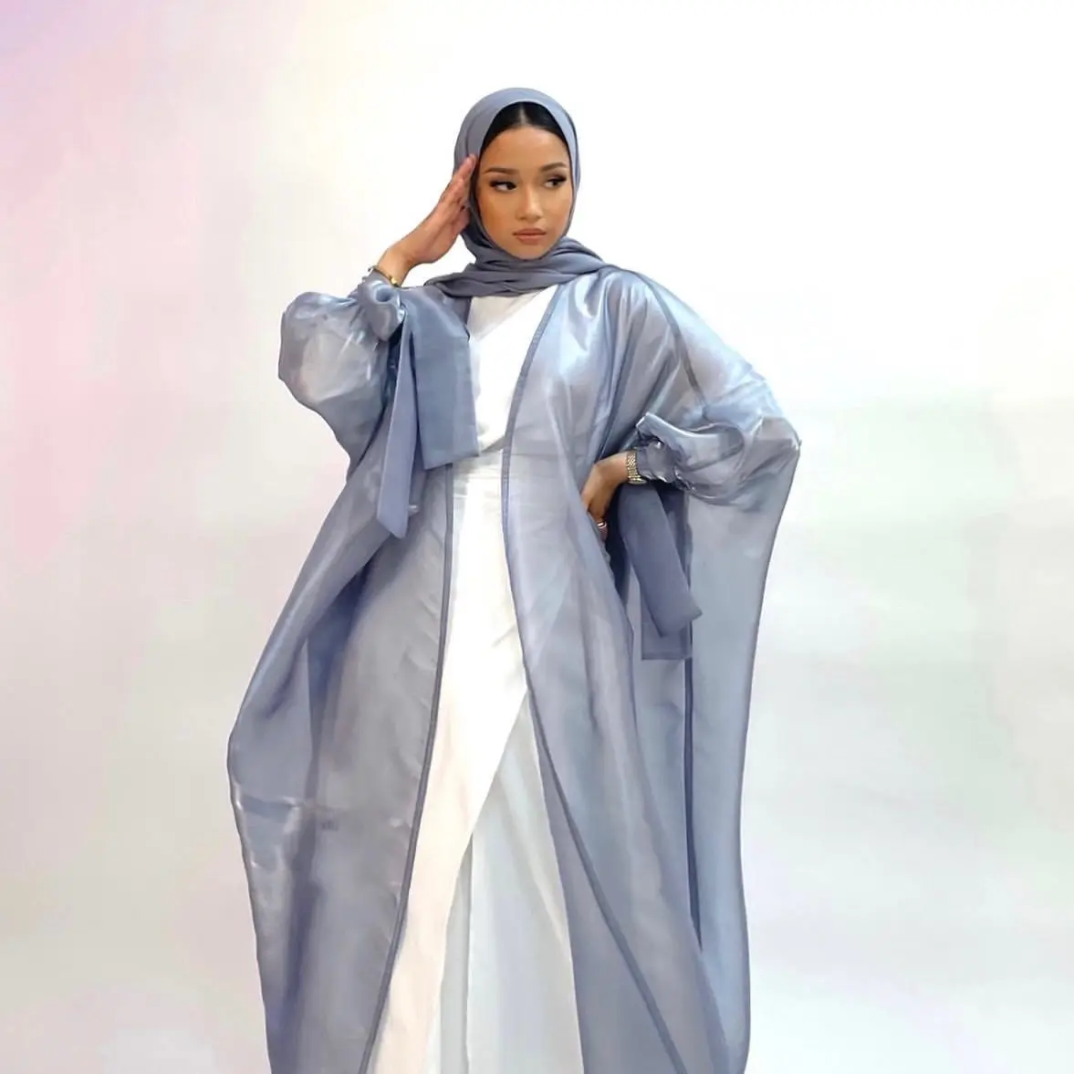 Summer Abaya Dubai Shiny Soft Puff Sleeves Muslim Dress African Dresses for Women Silky Robe Dubai Turkey Islam Abayas