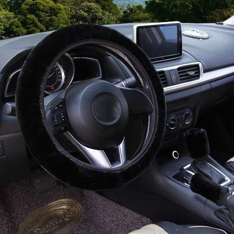Soft Plush Car Steering Wheel Cover Gearshift Handbrake Cover Protector Decoration Warm Super Thick Plush Collar Soft Black 3Pcs