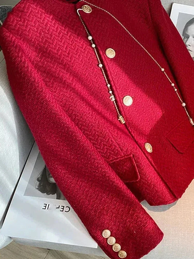 

Stylish Vintage Korean Women's Red Buttons Coats High-Quality Autumn Winter Elegant Temperament Women Long Sleeve Suit Jackets