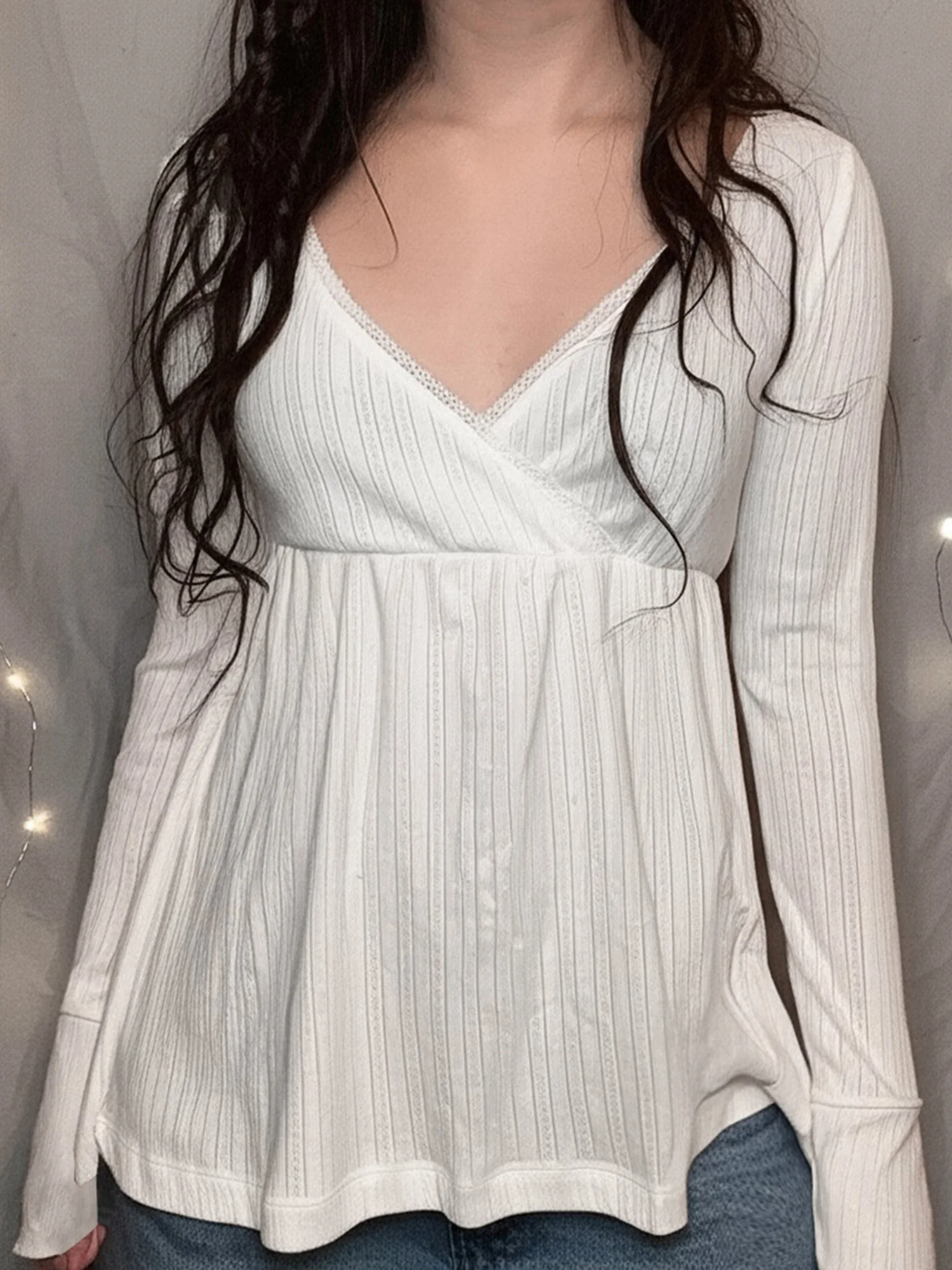 Women s Autumn Long Sleeve Blouse Elegant Solid Color V-Neck Wrap Top with Lace Trim for Stylish Casual Wear