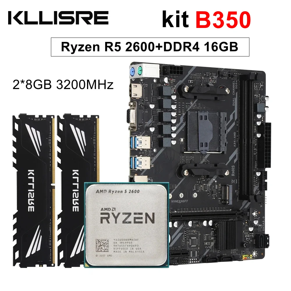 Kllisre B350 kit AMD Ryzen R5 2600 cpu DDR4 16GB 3200MHz memory