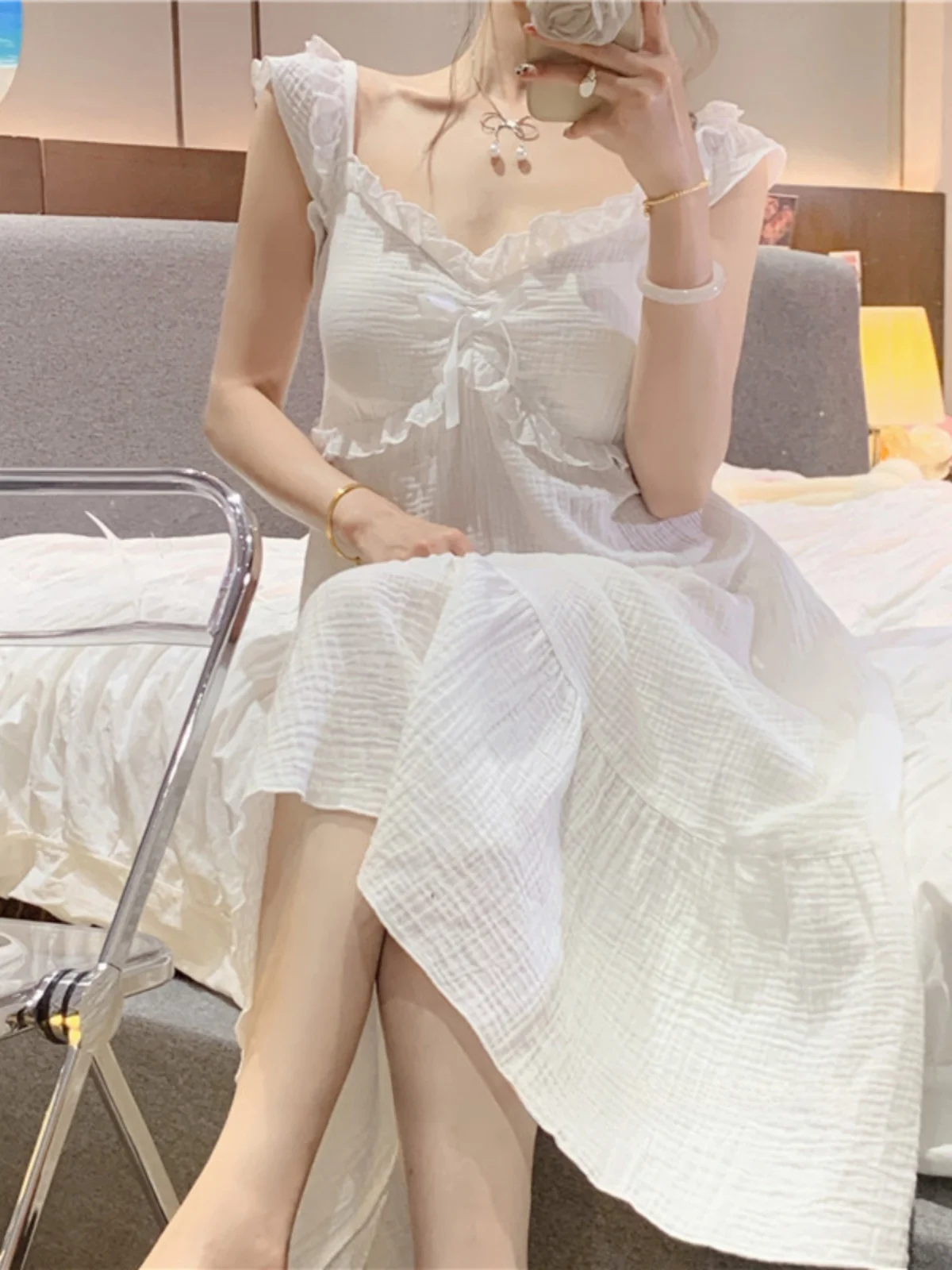 Women's Sweet Cotton Sleepwear - 2024 V-Neck Cartoon Print Long Dress