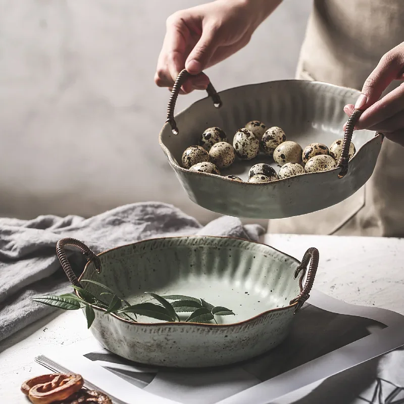 Vintage hecho a mano cerámica placas con cuerda de cáñamo con sartén de postre aperitivo plato bandeja de frutas ensalada cocina