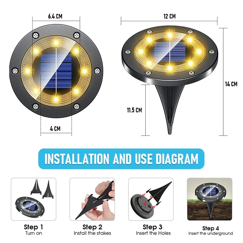 Description Picture 6 of item1~4Pack 8/20LED Outdoor Solar Power Disk Light Outdoor Garden Courtyard Underground Waterproof Decoration Buried Spotlight
