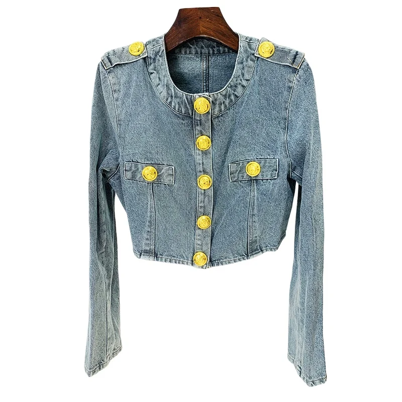 

Spring Classic Cropped Jeans Jacket Women Lion Head Gold Buttons Denim Jacket Ladies O Neck Long Sleeves 2024 New in Outerwears