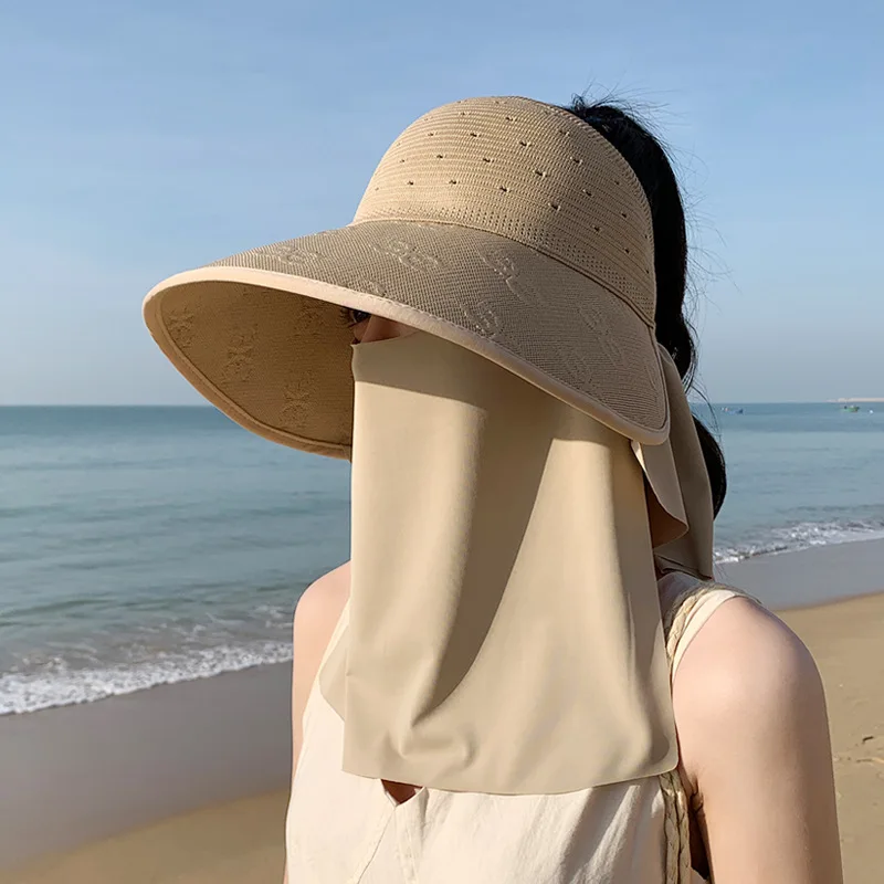 Summer Outdoor Sun Hat Large Brim Shawl Sunscreen Hollow Top Hat Removable Face Mask Fisherman's Breathable UPF50+