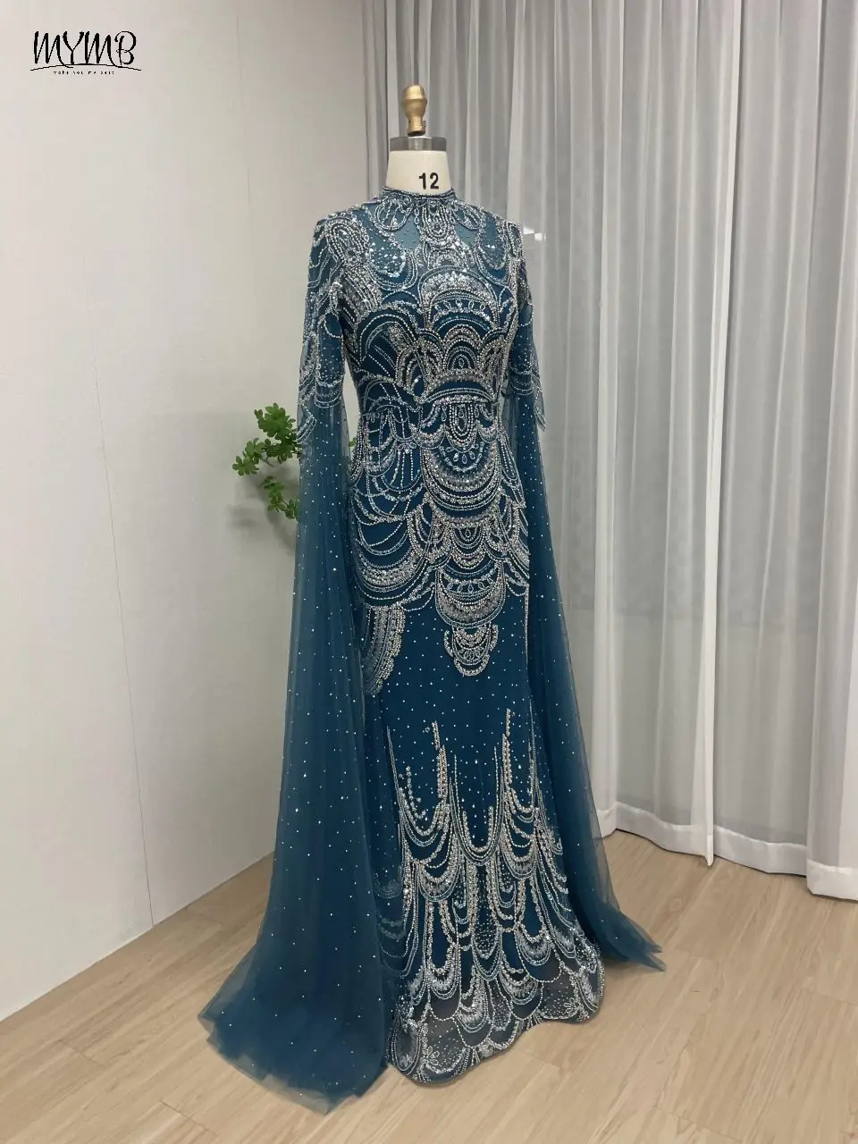 MYMB Grüne Meerjungfrau Cape-Ärmel Perlen Spitze Muslimische Hochzeit Party Kleider Arabisch Luxus High Neck Tüll Formelle Anlässe Kleider – Detail 9