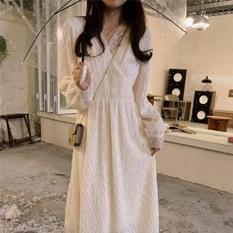 

Spring Autumn 2023 New Underlay Skirt Luxury Designer Lace Dress Full Sleeve V-Neck Fairy Long Dress Pleated Cotton Dress