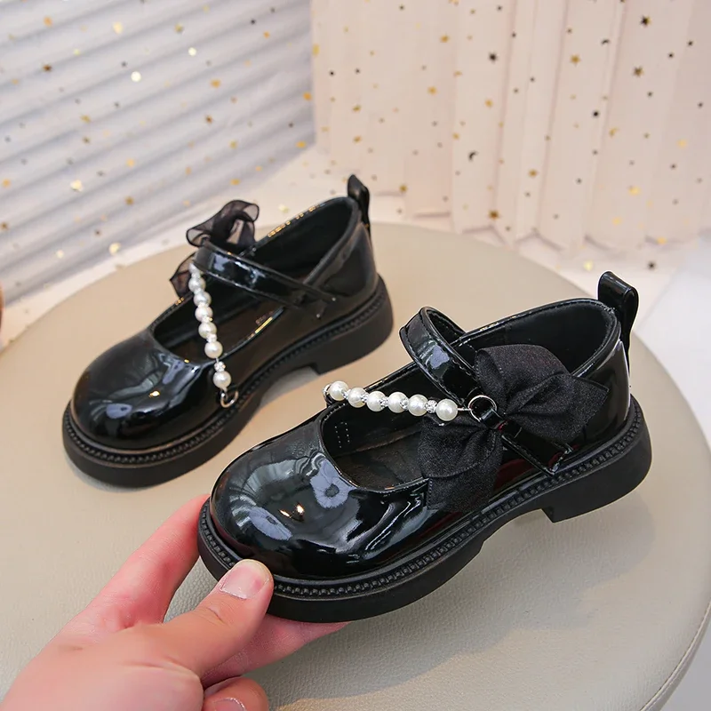 Wine Red Leather Kids Party Shoes with Bowknot