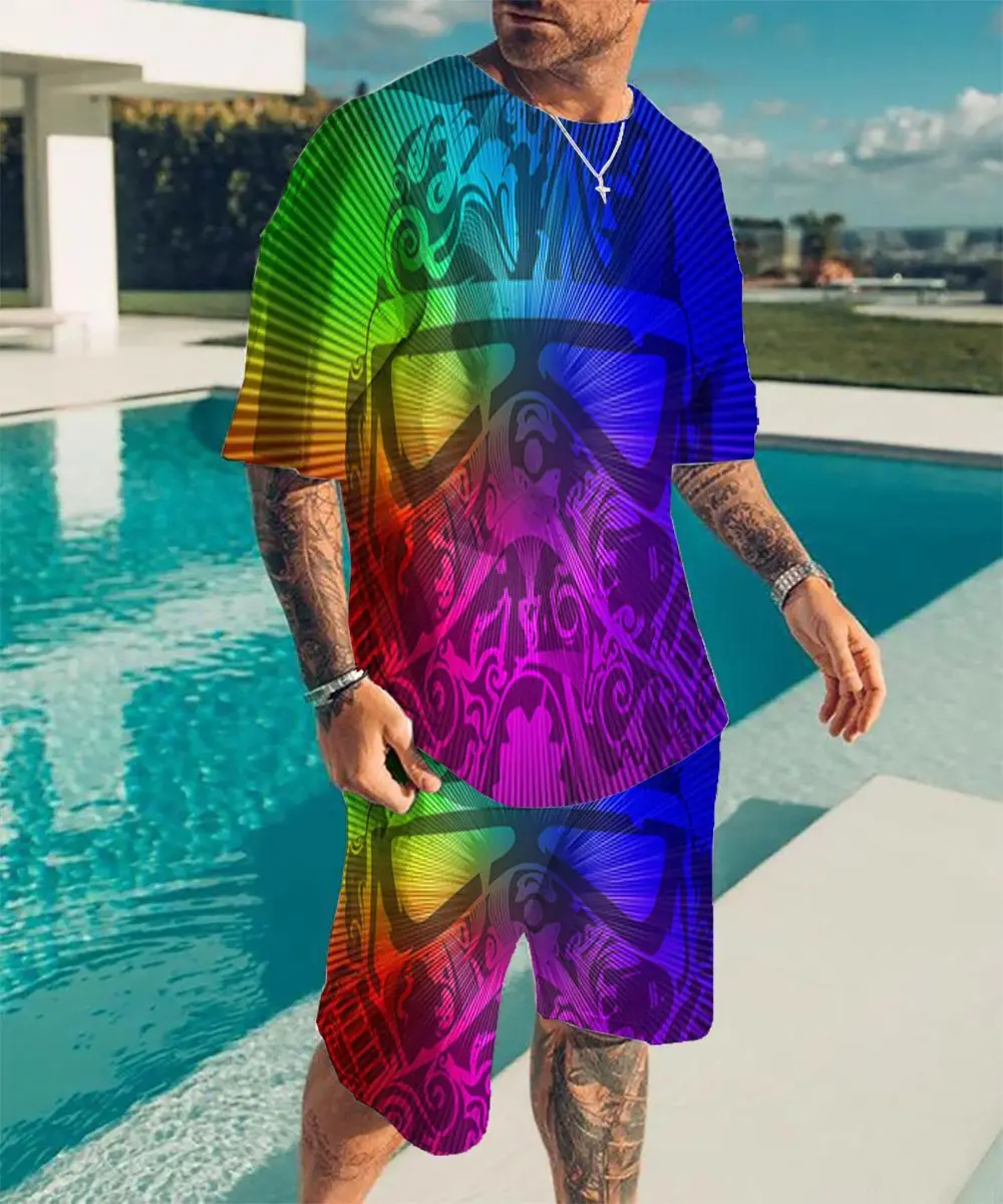 Colorful 3D Printed Men Sets Summer Tracksuit Sportswear Clothing For Men Fashion Short Sleeves T-Shirt+Shorts Suits Oversized 2 pieces sets men fashion striped printed short sleeves single breasted loose shirts and shorts joggers streetwear hip hop set