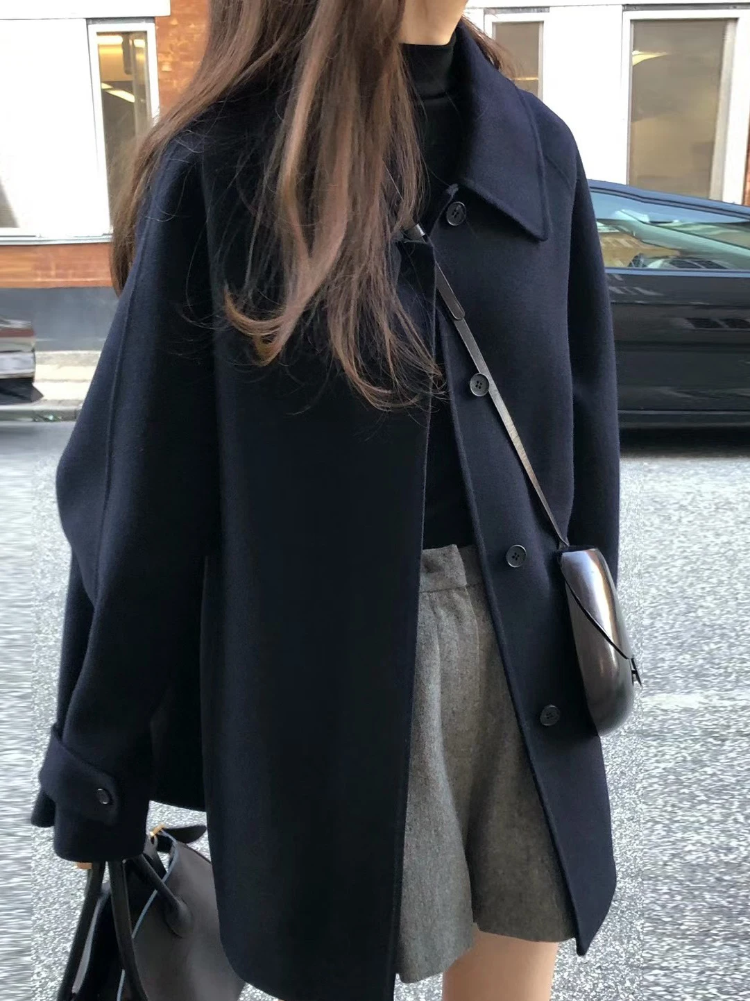 Ele Vintage Turn-down Collar Single-button Mid-length Woolen Coat Women's Autumn Winter New Sle High-ade Feeling Twee...