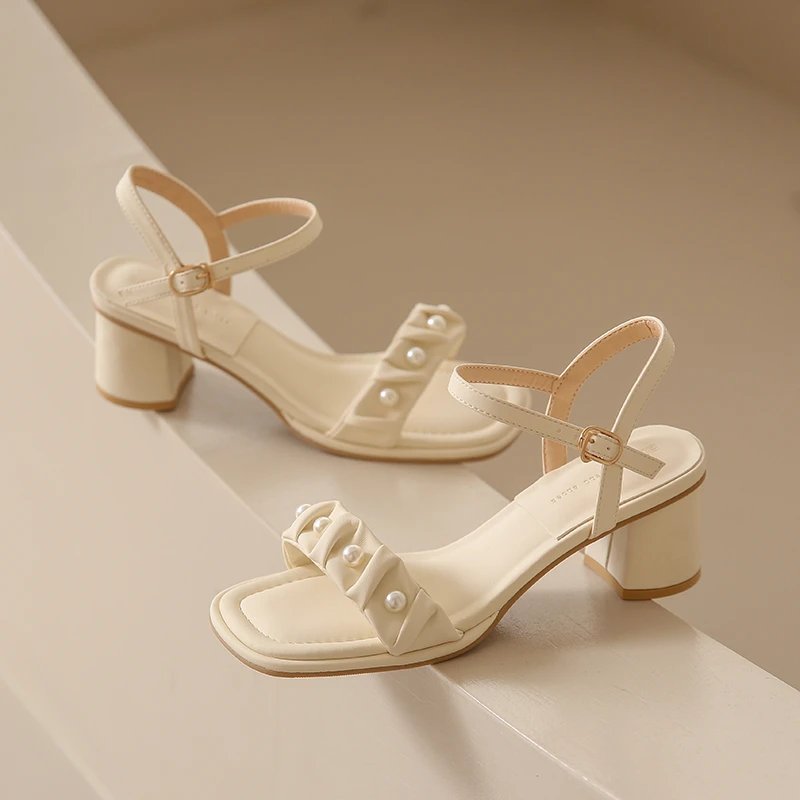 5cm Women Sandals Summer Square Toe Thick Med Heel Buckle Strap Ladies Pumps Fairy Fashion Gentle Leisure Solid Females Shoes