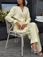 HH Fashion Women's Linen 2 Pieces Set 2025 Spring Summer Kimono Style Loose Lace Up Shirts Tops Female Wide Leg Pants Suits - Image 3