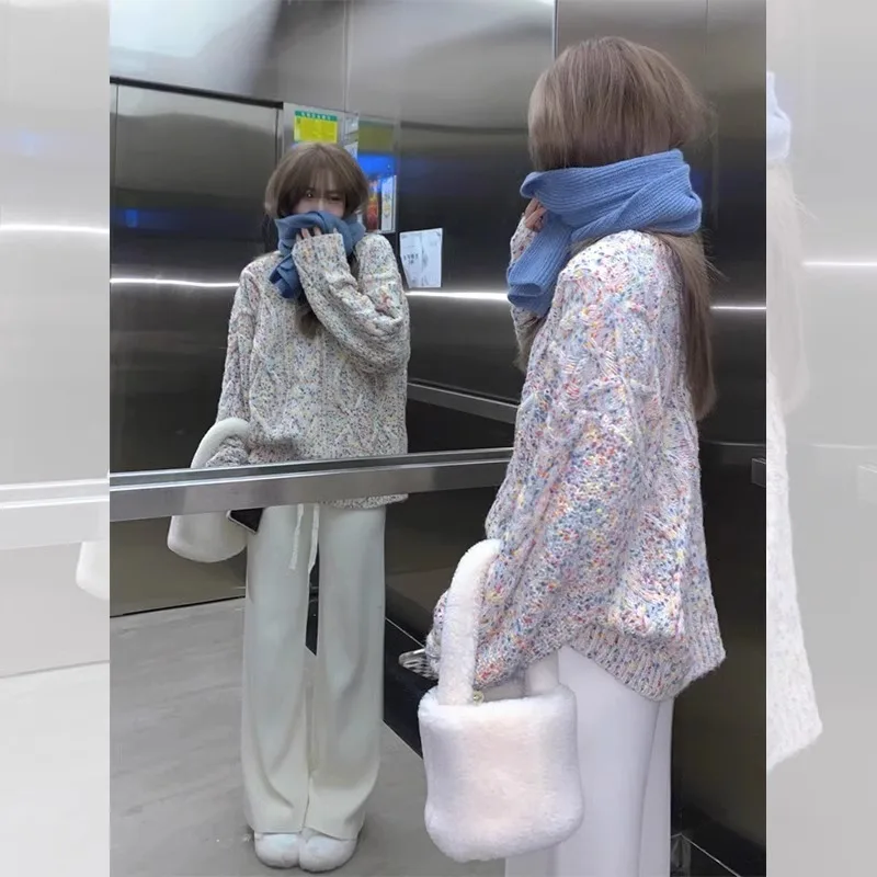 여성니트  부드러운 스타일 우유 후푸 꽃 둥근 목 긴 소매 니트 여성 가을과 겨울 새로운 느슨한 게으른 풀오버 스웨터 겉옷 