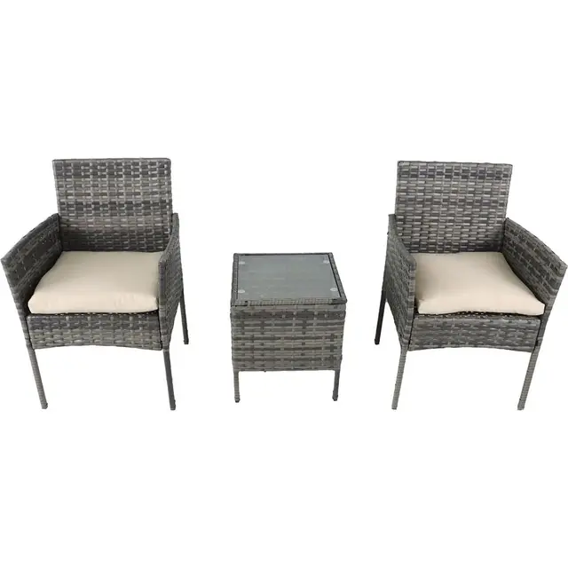 3-Piece Outdoor Patio Furniture Set with Glass Table, Wicker Chairs, and Cushions (Gray & Beige)