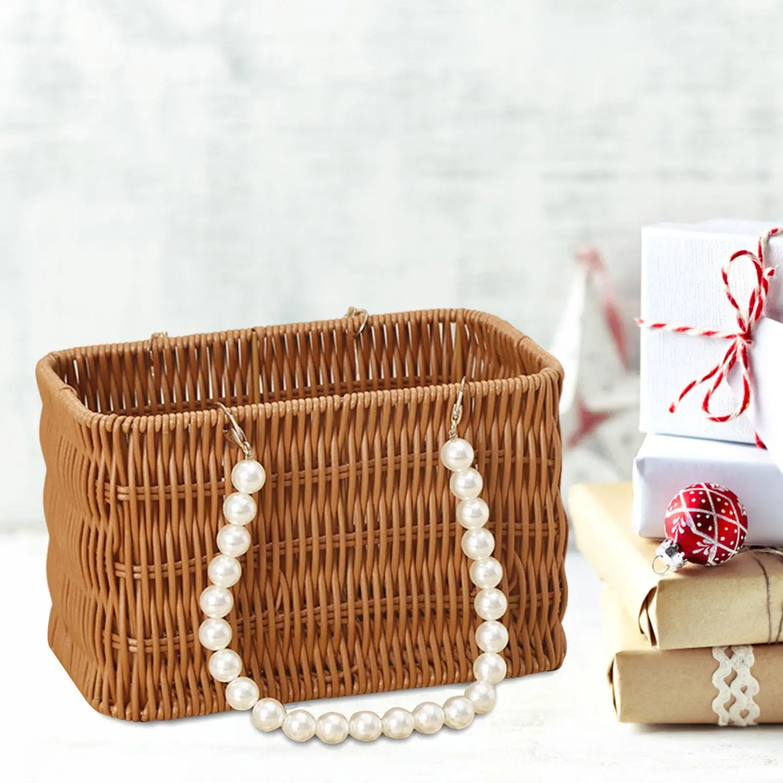 Imitation Rattan Basket Flower Basket Artificial Pearl Handle Stylish Appearance Versatile Picnic Basket for Lotions Toiletries