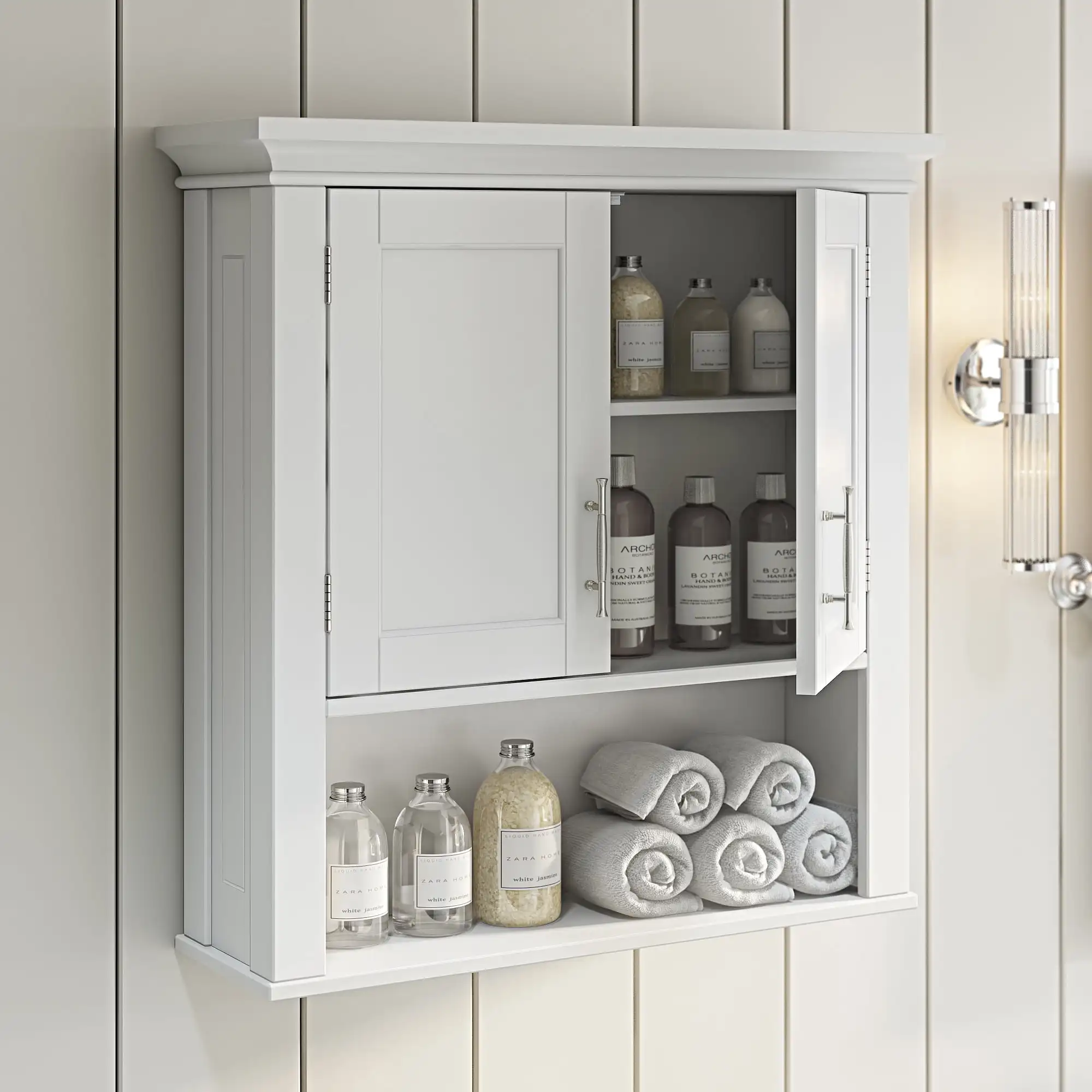 RiverRidge Home Somerset Collection 2-Door Bathroom Storage Wall Cabinet with 1 Open Shelf and 2 Interior Shelves, White