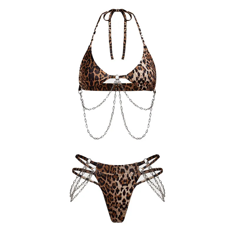 

Zebra- oder Leopardendruck Körper mit goldenen und silbernen Halterung aus Metallkette sexuellen BH Bikini Y2K