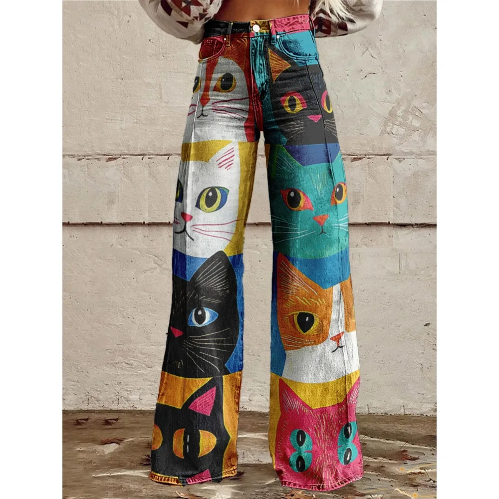 Sexy Hose mit hoher Taille und weitem Bein für Damen, niedliches Cartoon-Katzenmuster, Palazzo-Hose, lässige Mode, lustige Hose für den täglichen Gebrauch – Detail 10