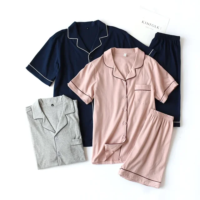 Summer 2026 new cotton couple pajamas suit female short-sleeved shorts men's pajamas thin home service suit  pyjamas women pink