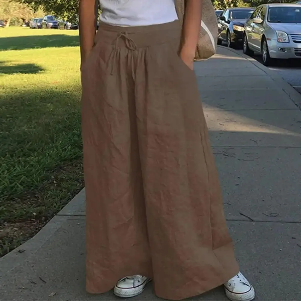 

Women Pants Wide Leg Loose Deep Crotch Elastic High Waist Drawstring Pockets Solid Color Casual Soft Breathable Yoga Long Trouse
