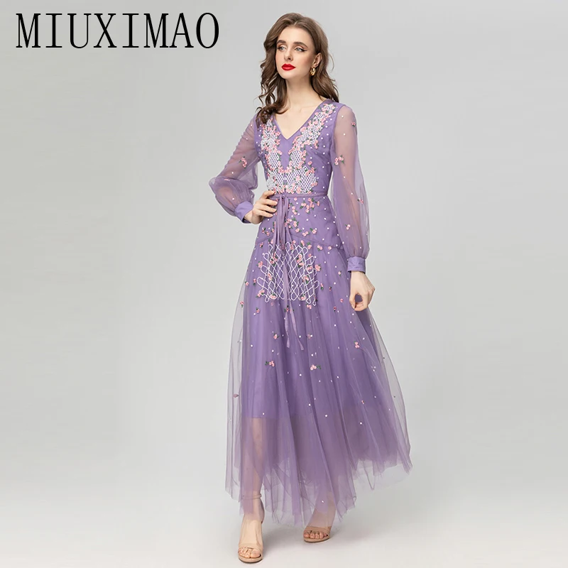 Модельное дизайнерское платье MIUXIMAOSummer для женщин, фиолетовое рельефное кружевное длинное платье с вышивкой и цветами