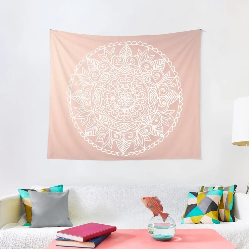 

White Mandala on Rose Gold Tapestry Carpet Wall Kawaii Room Decor Home Decorations Tapestry