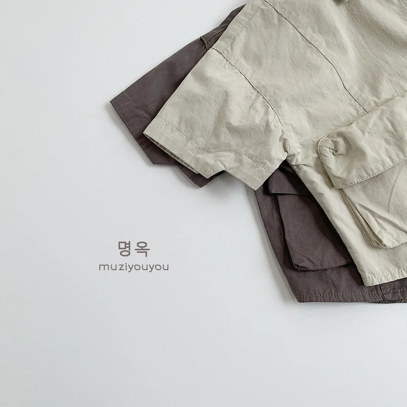 Summer New Vintage Kids Boys Cargo Shirts Baby Short Sleeve Lapel Shirts Solid Baby Girls Casual Tops Infant Clothes