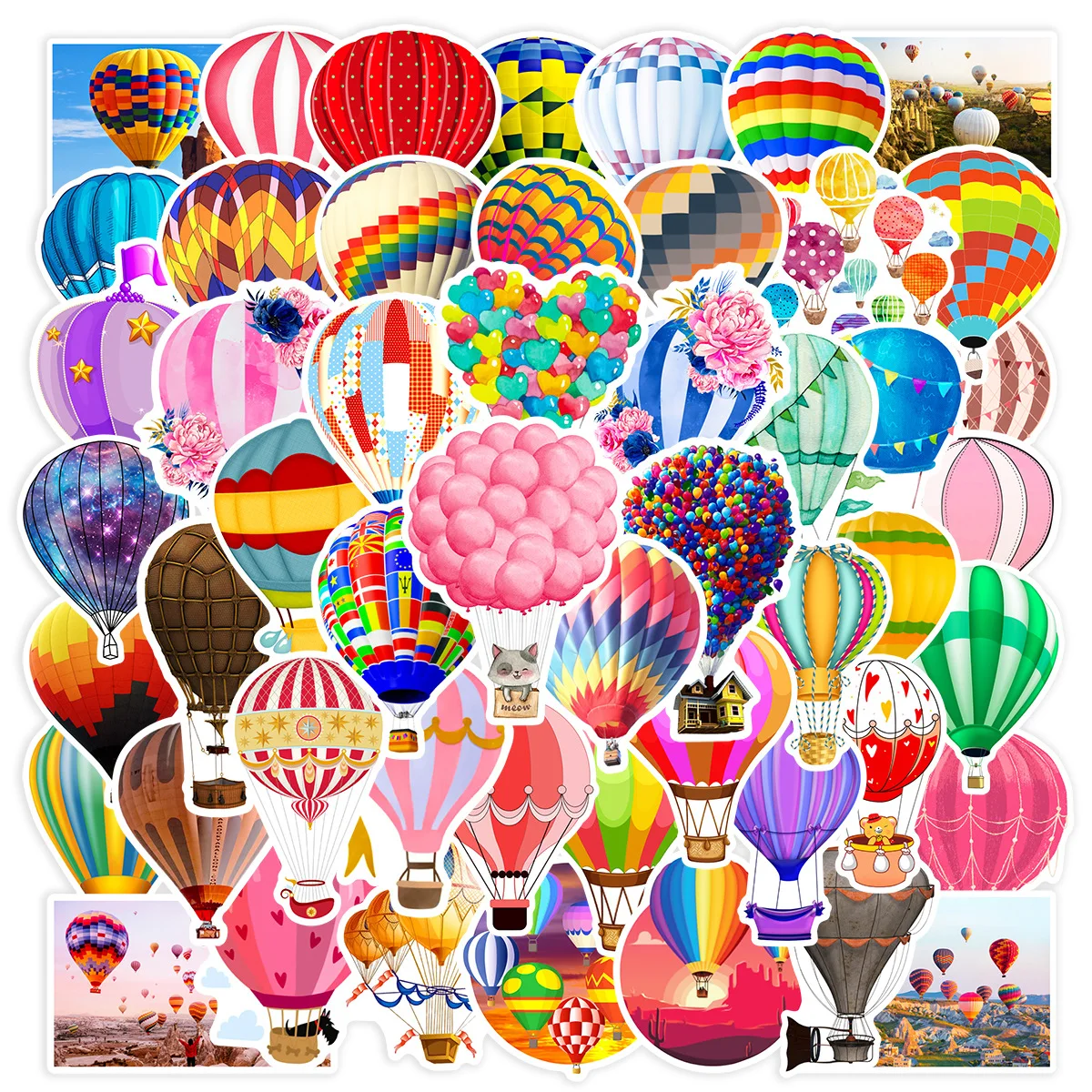 50 Stück Regenbogen Heißluft ballon Serie Graffiti Aufkleber geeignet für Laptop Helme Desktop-Dekoration DIY Aufkleber Spielzeug Großhandel