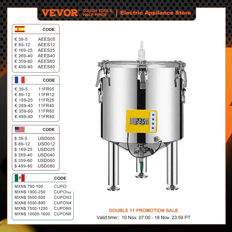 VEVOR Brew Fermenter Bucket 304 Stainless Steel 15L-50L Wine Pot High Sealing for Beverage Dairy Brewing Promoting Fermentation