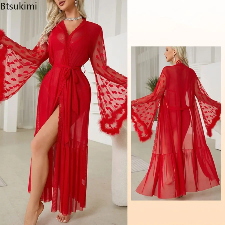 Women's Sexy Mesh Nightgowns Lace Sheer Bathrobes with Belt Long Kimono Nightwear Feather Trim Flare Sleeve Lingerie Robe Femme