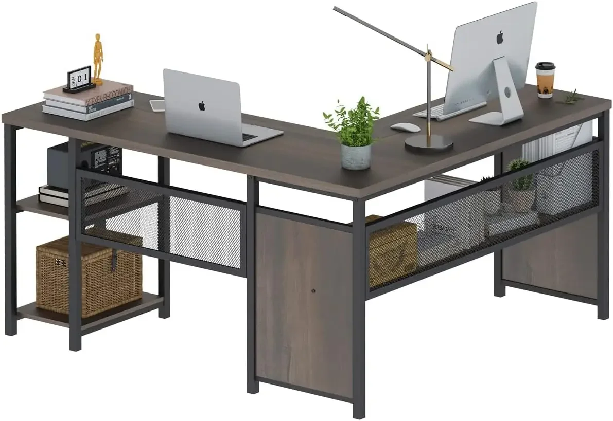 

Shaped Computer Desk, Industrial Home Office Desk with Shelves, Rustic Wood and Metal Corner Desk (Walnut Brown, 59 Inch)