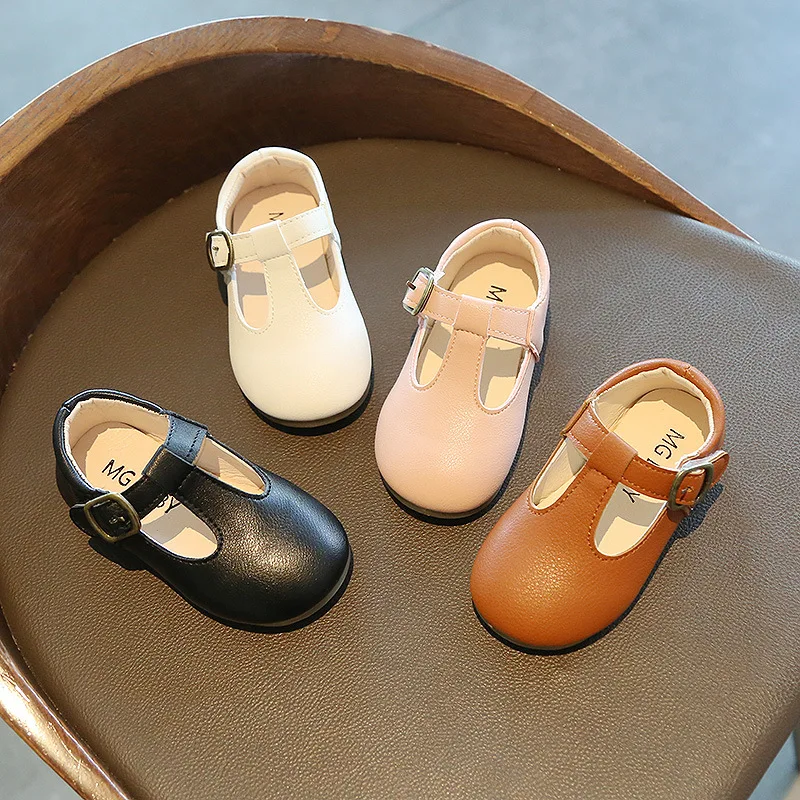 Fashion Leather Shoes For Girls Simple T-strap Kids Flats Children Flats Casual Soft Anti-slip 15-30 Hot Princess Infants Sweet