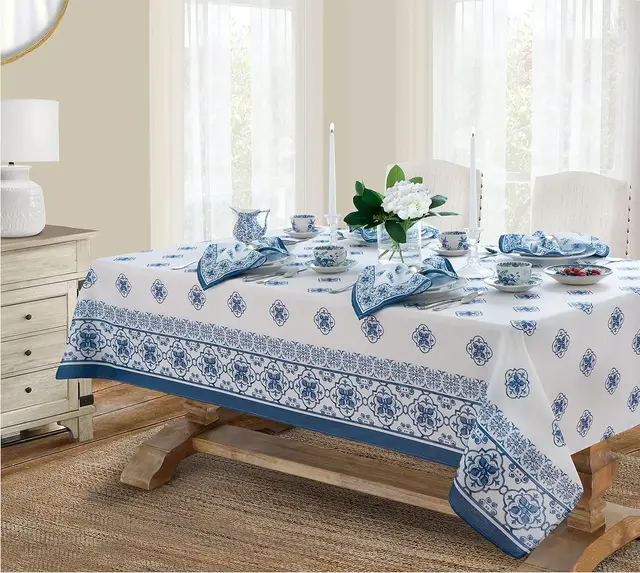 Nappe à motif bleu verger citron, en Polyester, imperméable, essuyable, pour intérieur et extérieur, vacances, salle à manger, fête, mariage, décoration 5