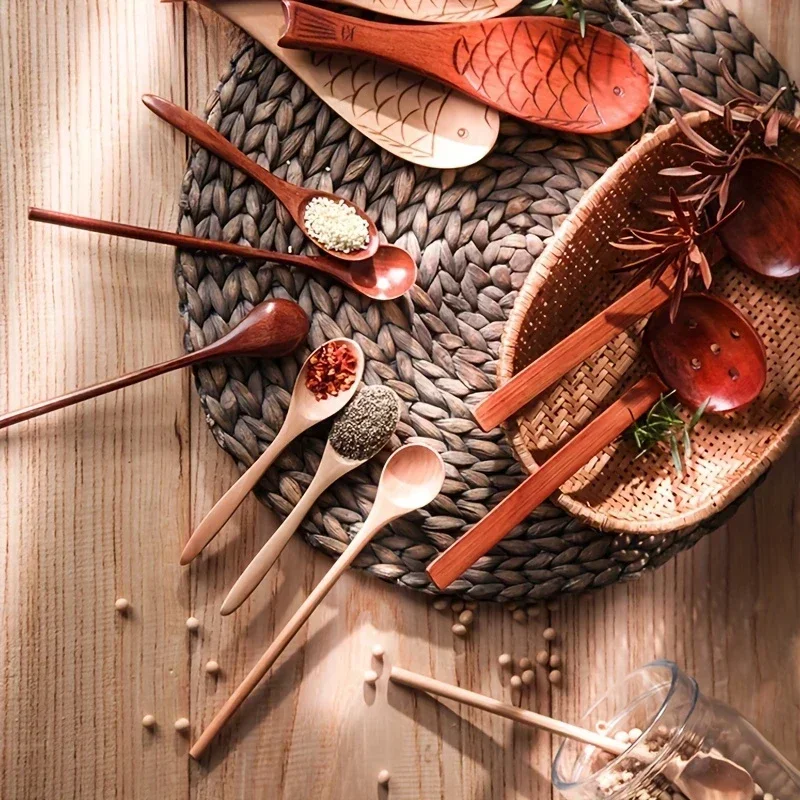 Wooden Tea Spoon Long Coffee Spoons Small Teaspoon Set 6PCS Wood Honey Dessert Spoon Coffee Drink Stirrer Teaspoons Tableware