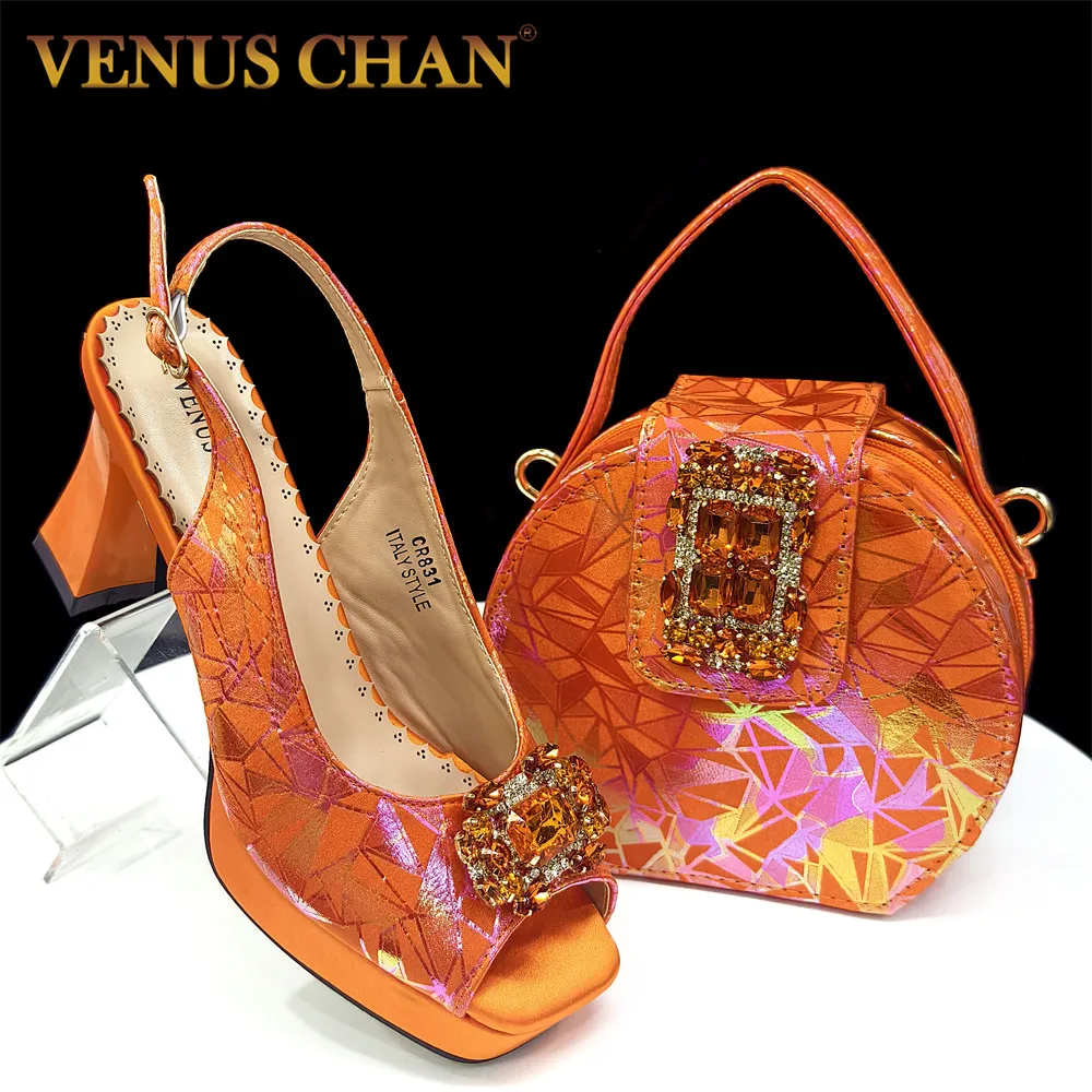 Venus Chan 2025 INS Orange Color Elegant Women Shoes and Bag Set