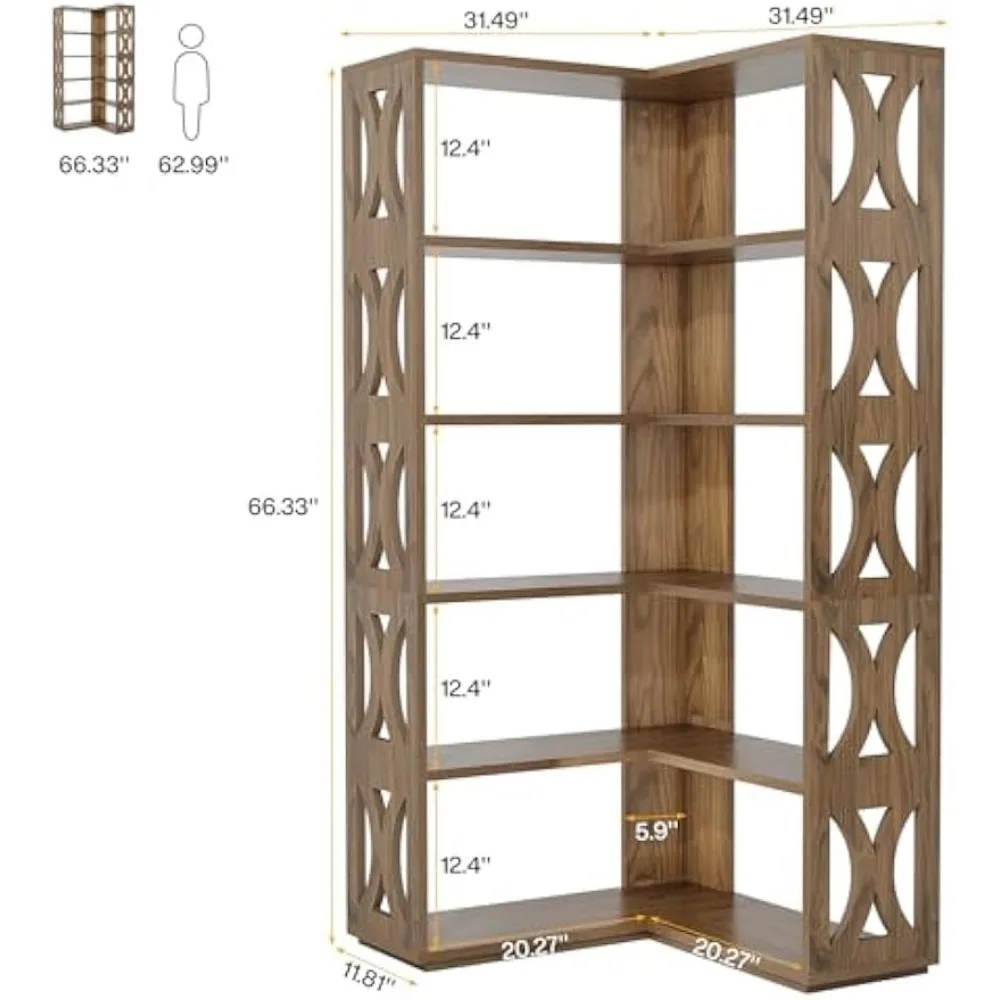 5-Tier Corner Bookshelf, L Shaped 66-Inch Corner Bookcase, Farmhouse Tall Bookshelves, Rustic Display Shelf Storage Organizer 2