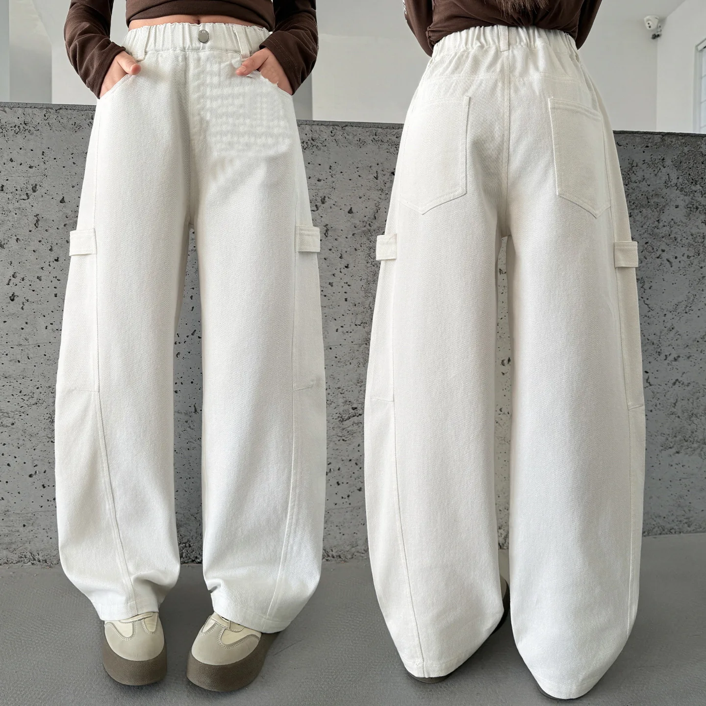 새로운 키즈 디자이너 화이트 곡선 청바지 십대 소녀를위한 코튼 패치 워크 데님 바지 어린이 봄 가을 세련된 바지