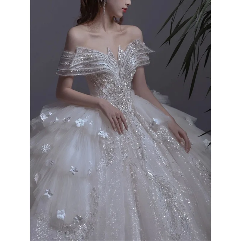 

off-Shoulder New Wedding Dress Bride Main Yarn Heavy Industry Small Large Size Trailing Texture