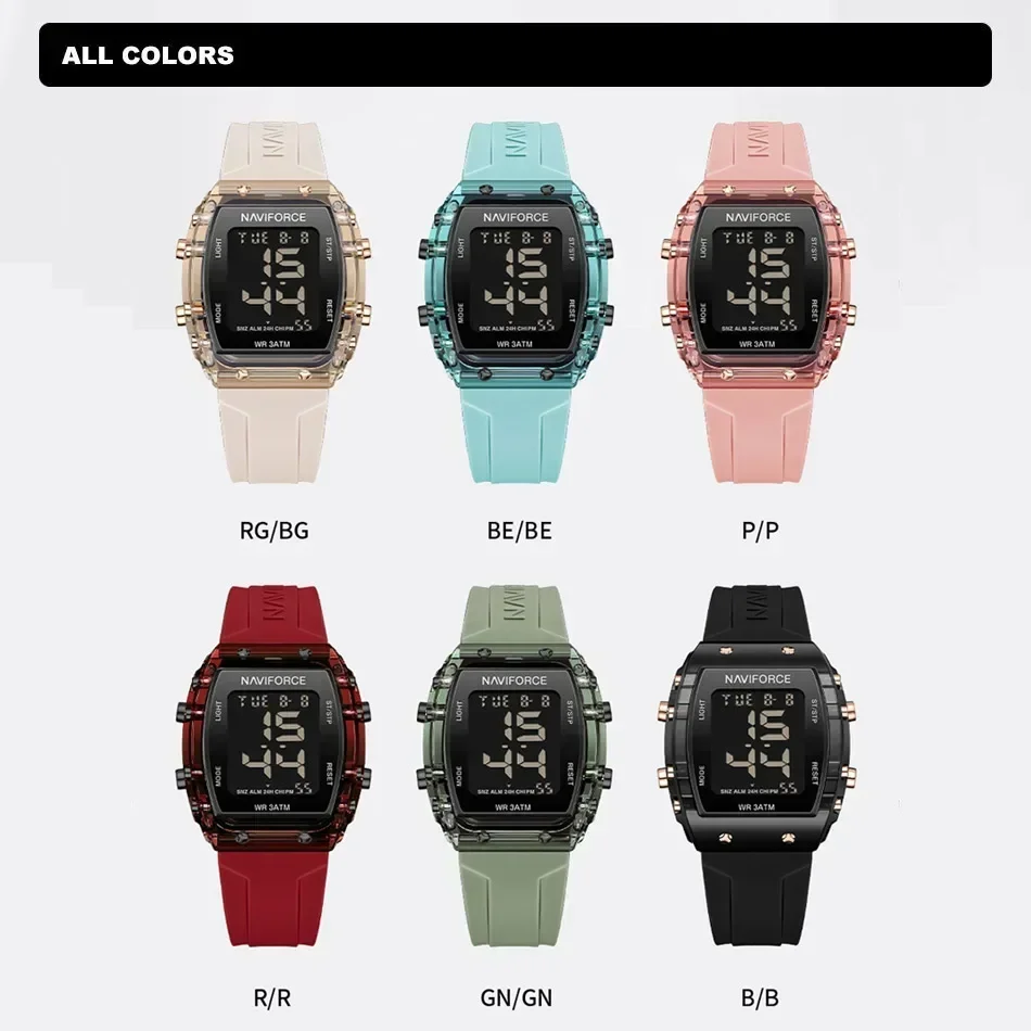 NAVIFORCE Women Sports Watches 50m Waterproof LCD Digital Silicone Bracelet Female Wristwatches Luminous Alarm Electronic Clock 6