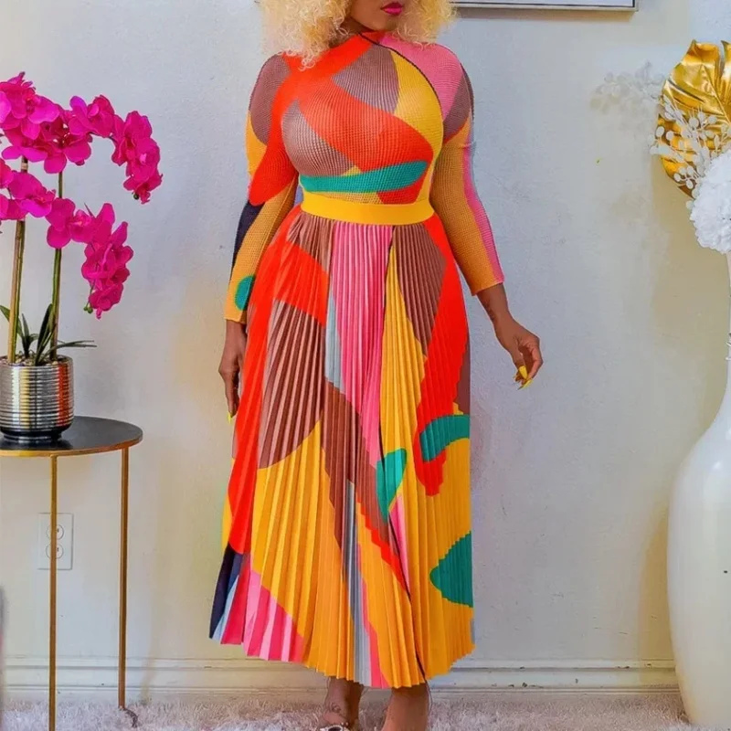 

miyake Women Rainbow Striped Pleated Big Swing Maxi Long Skirts Set and Long Sleeve T-shirt 2023 Vintage Two 2 Piece Set Outfit