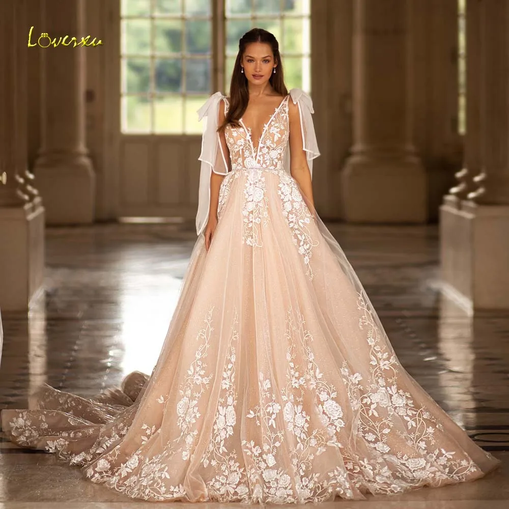 

Loverxu A-Line Vintage Wedding Dresses 2024 V-Neck Sleeveless Ribbon Vestido De Novia Appliques Sexy Backless Robe De Mariee