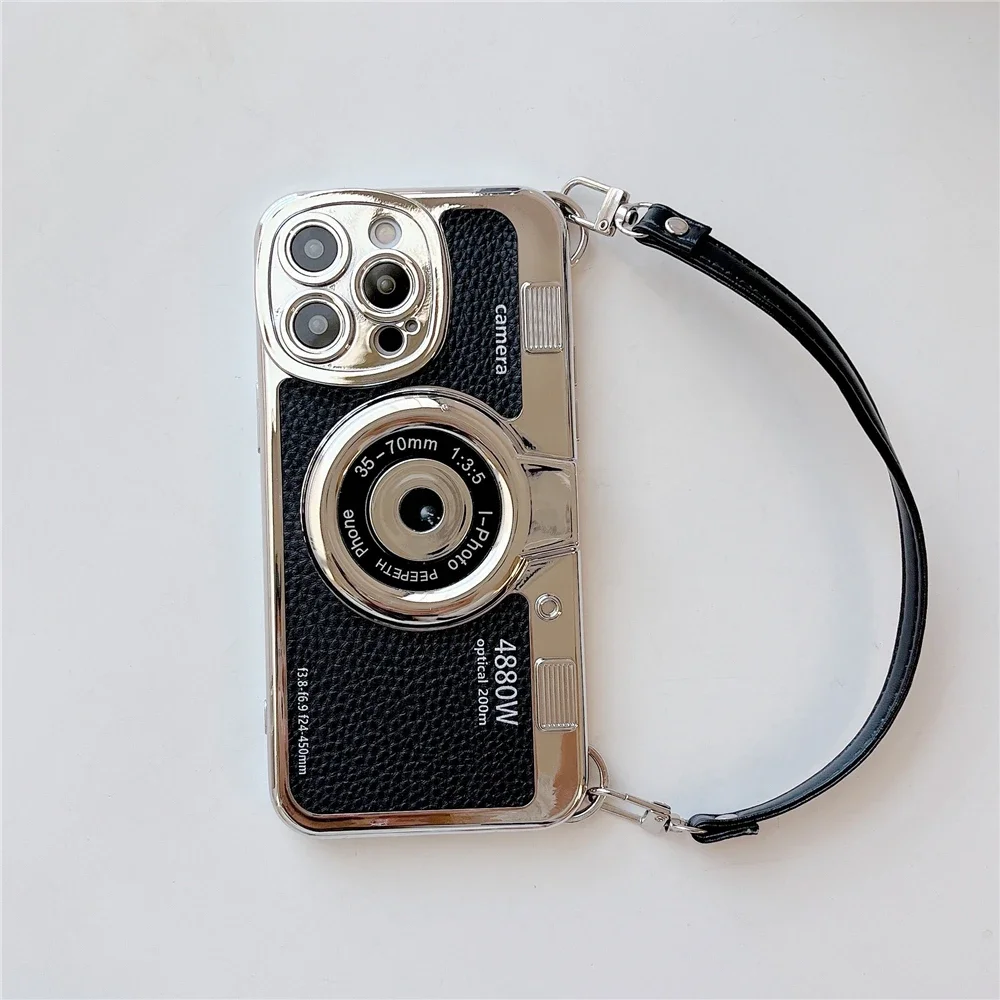 Luxury Retro Stereo Camera Hand Lanyard Phone Case with Leather Pattern