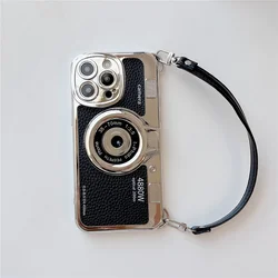 Luxury Retro Stereo Camera Hand Lanyard Phone Case with Leather Pattern - iPhone 12 Pro Max (Black)