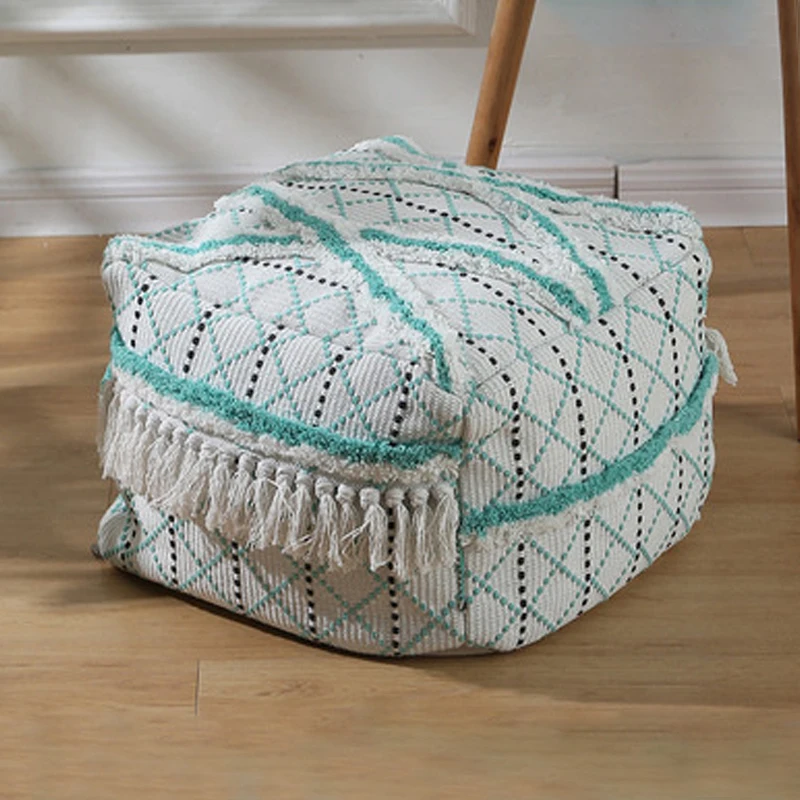 Square Multi-Pattern Moroccan Cotton And Linen Footstool With Tassel Pouffe Ottoman Pouf Cover Vintage Handmade Unstuffed