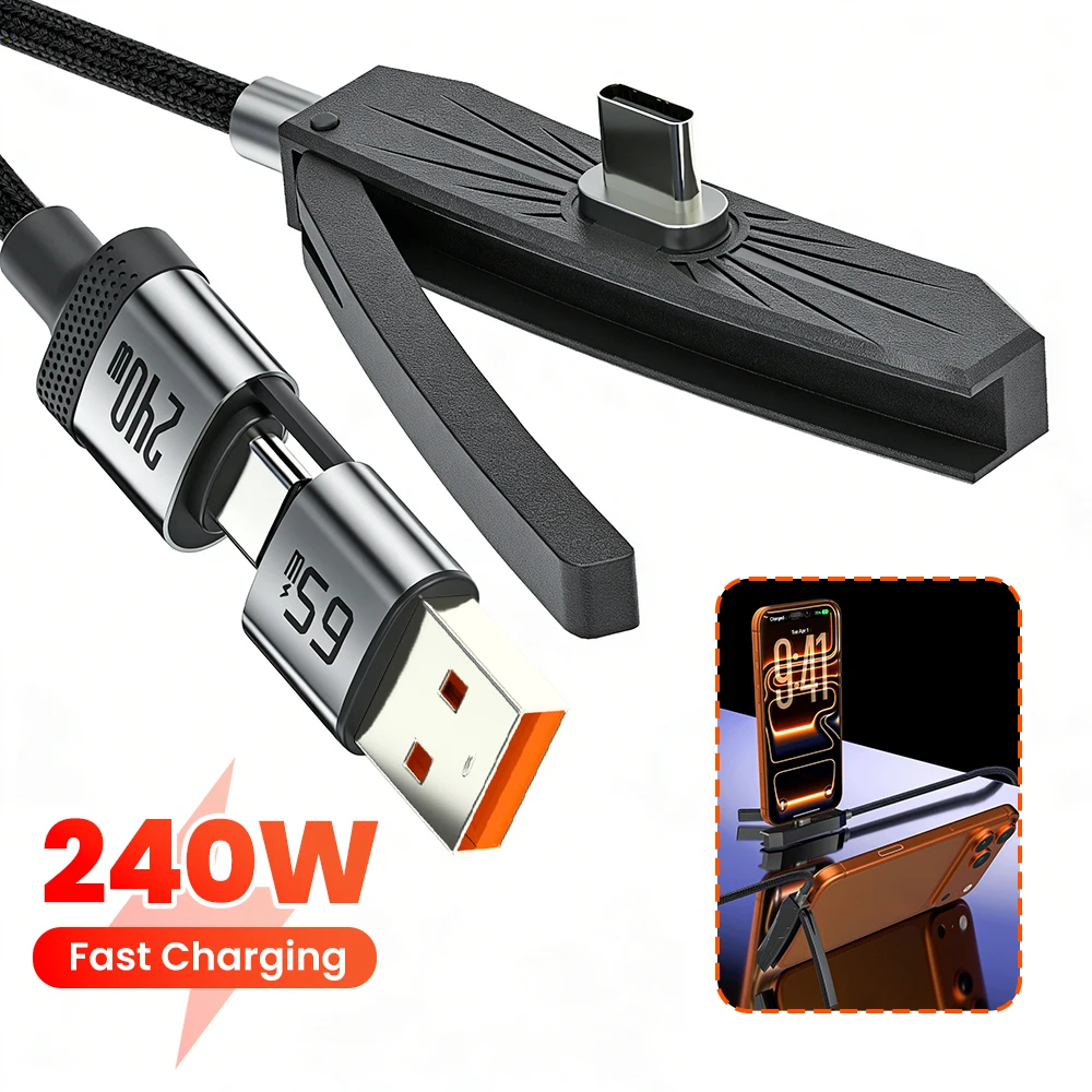 240W 2-in-1 Stand Charging Cable Phone Holder Fast Charge Type C to Type c+USB A for iPhone 15 17 Huawei Samsung USB C To IOS