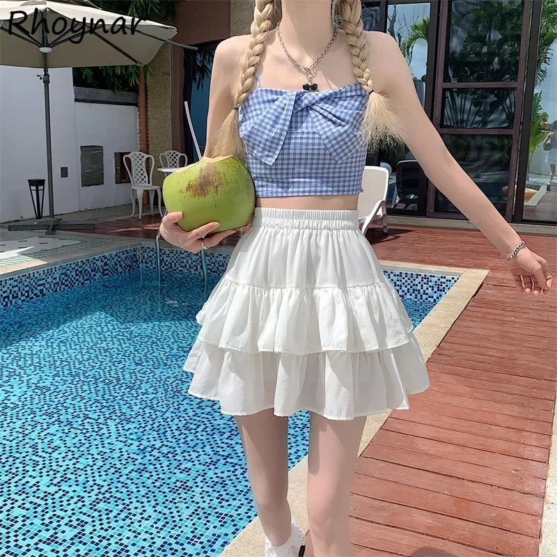 

Solid Skirts Women Summer Sweet Students A-line Elastic Waist Ball Gown Ruffles Designed Korean Style Lovely Girls Simple Causal