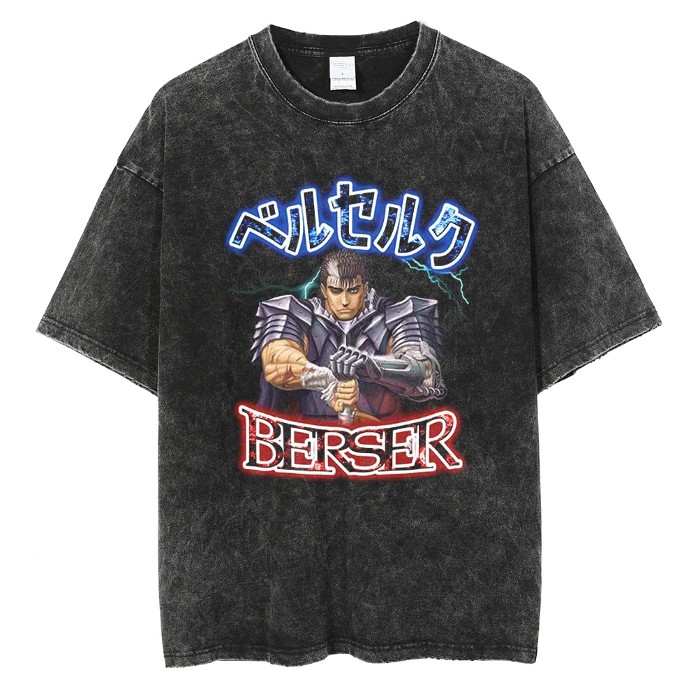 Vintage Washed Berserk T-Shirt für Herren und Damen Retro Anime Totenkopf Grafik Tees Übergroße Streetwear Baumwolle Kurzarm T-Shirts – Detail 28